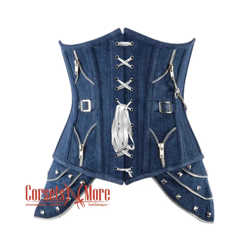 Plus Size  Blue Denim Gothic Heavy Duty Front Lace Steampunk Waist Training Underbust Corset