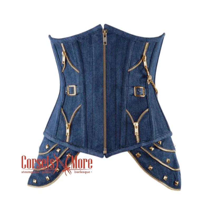 Plus Size  Blue Denim Gothic Heavy Duty Front Zipper Steampunk Waist Training Underbust Corset