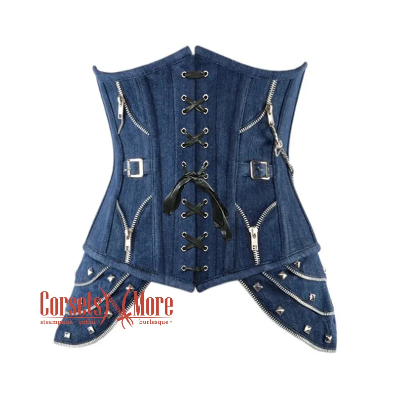 Plus Size  Blue Denim Gothic Heavy Duty Lace Design Steampunk Waist Training Underbust Corset