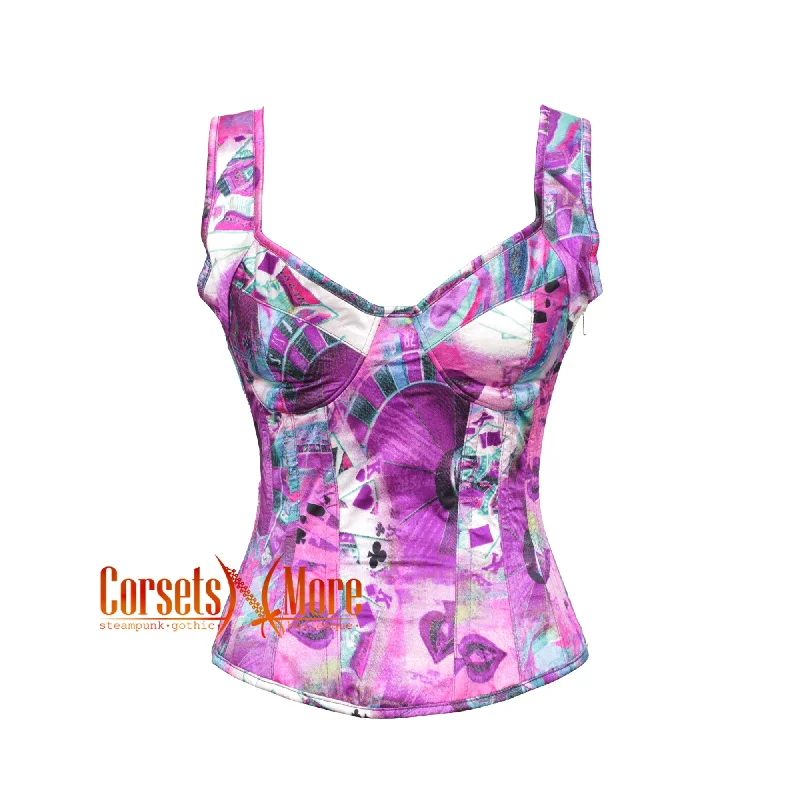 Plus Size Printed Colorful Purple Satin Gothic Overbust With Shoulder Strap  Corset