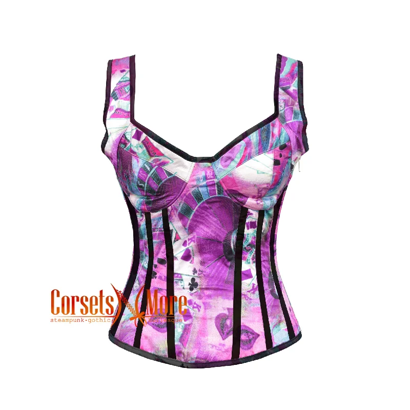 Plus Size Printed Colourful Purple Satin With Black Stripes Gothic Overbust With  Shoulder Strap Corset