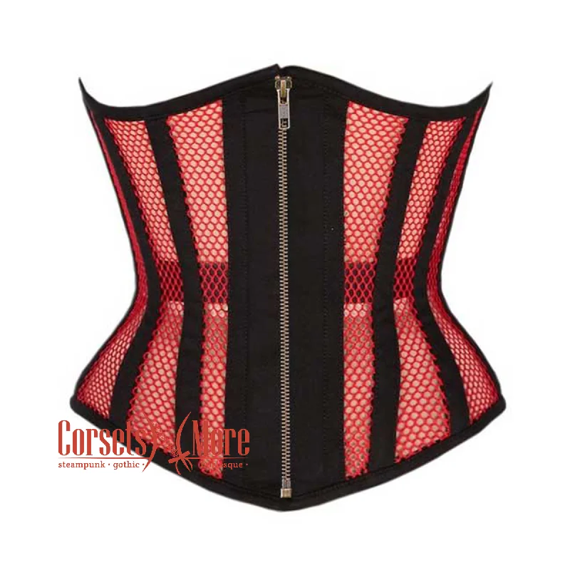 Plus Size  Red Mesh Black Cotton Gothic Front Zipper Waist Training Underbust Corset