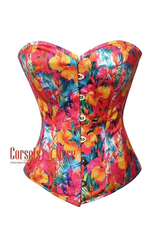 Plus Size Tropical Floral Hibiscus Flowers Print Sweetheart Neckline Corset Bustier Overbust Halloween Top