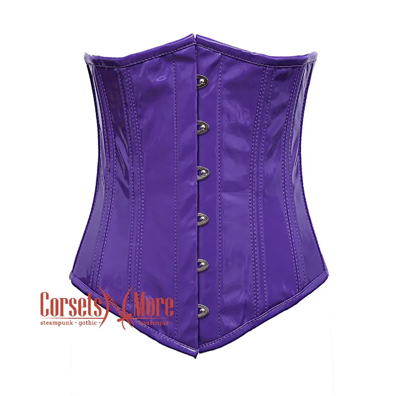 Purple PVC Leather With Front Silver Busk Gothic Long Underbust Waist Training Corset