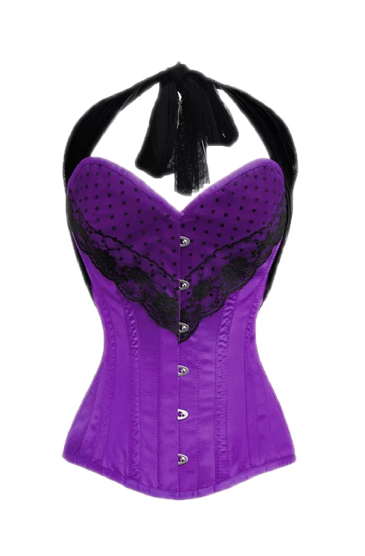 Purple Satin Corset With Black Net Halter Neck Burlesque Plus Size Corset LONGLINE Overbust