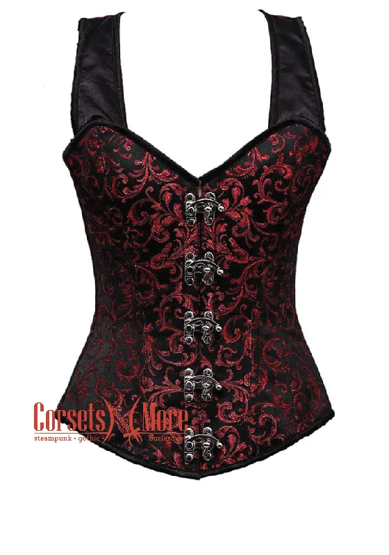 Red and Black Brocade Steampunk Costume Overbust Corset With Shoulder Straps