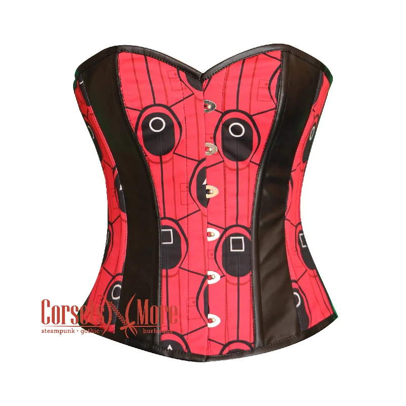 Red And Black Printed Lycra Leather Stripes Squid Game Costume Overbust Bustier Top