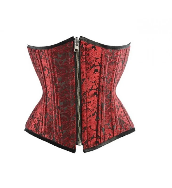 Red Black Brocade Zipper Double Bone Underbust Corset Waist Training Costume