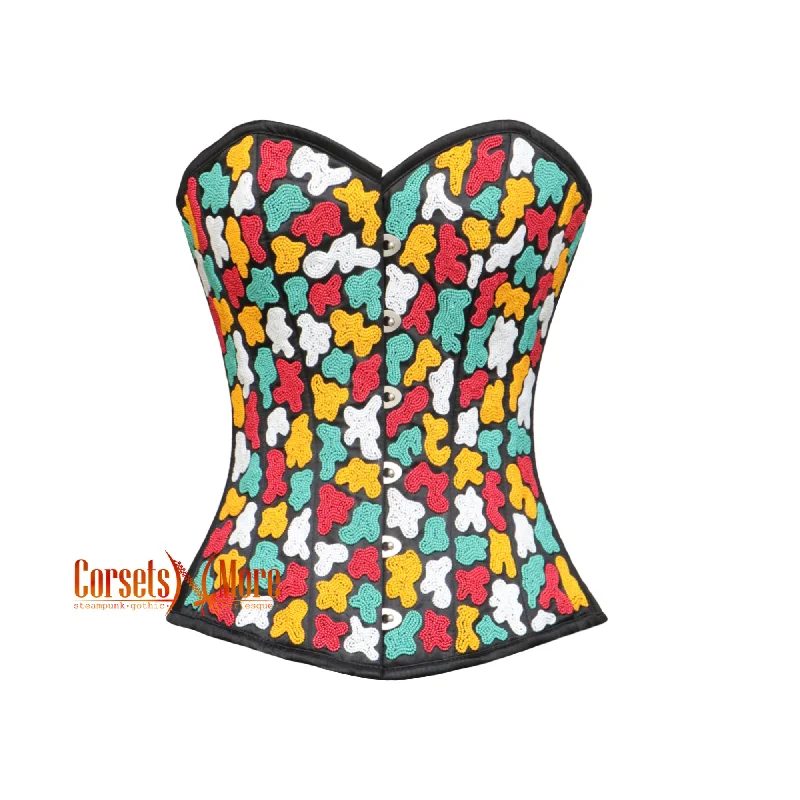 Red Yellow White Multi-Color Sequins Black Satin Overbust Corset Burlesque Top