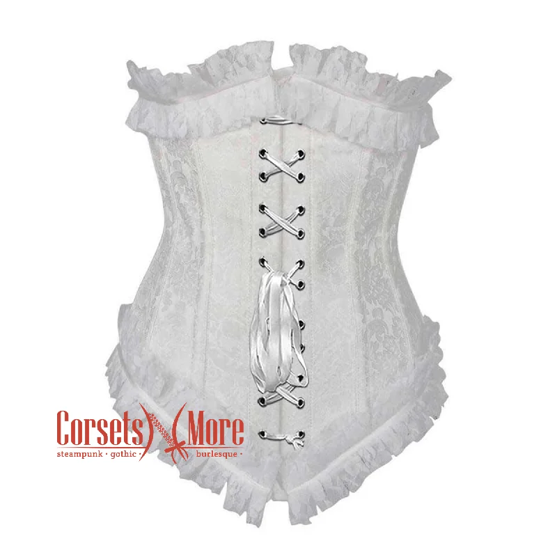 White Brocade Front Lace Frill Net Design Gothic Waist Training Underbust Corset Bustier Top