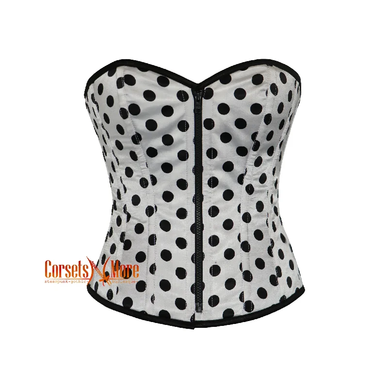 White Polka Dot Satin Gothic Overbust Corset Steampunk Costume