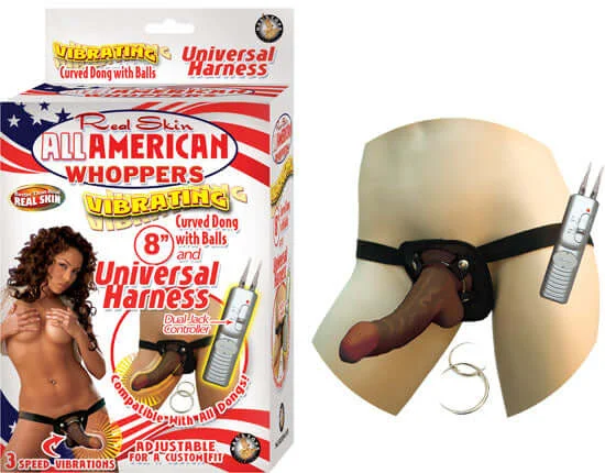 Afro All American Whoppers Vibrating 8 inches Dong with Universal Harness Brown