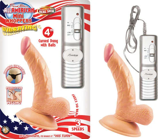 All American Mini Whoppers: 4-Inch Vibrating Curved Dong with Balls - Flesh Tone