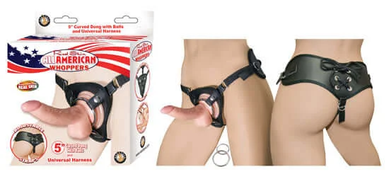 All American Whoppers 5 Inch Curved Dong with Balls Beige and Universal Harness - Realistic