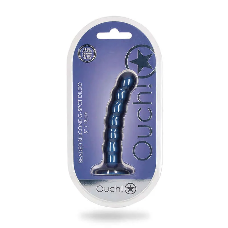 Ouch! 5-Inch Beaded Silicone G-Spot Dildo - Metallic Blue | Strong Suction Cup