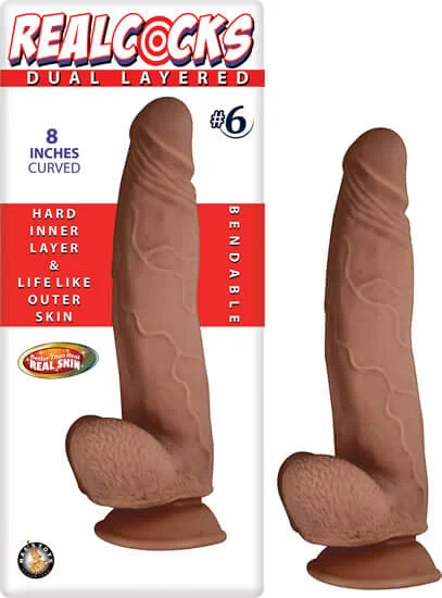 Real Cocks Dual Layered #6 Brown Curved 8-Inch Dildo with Suction Cup