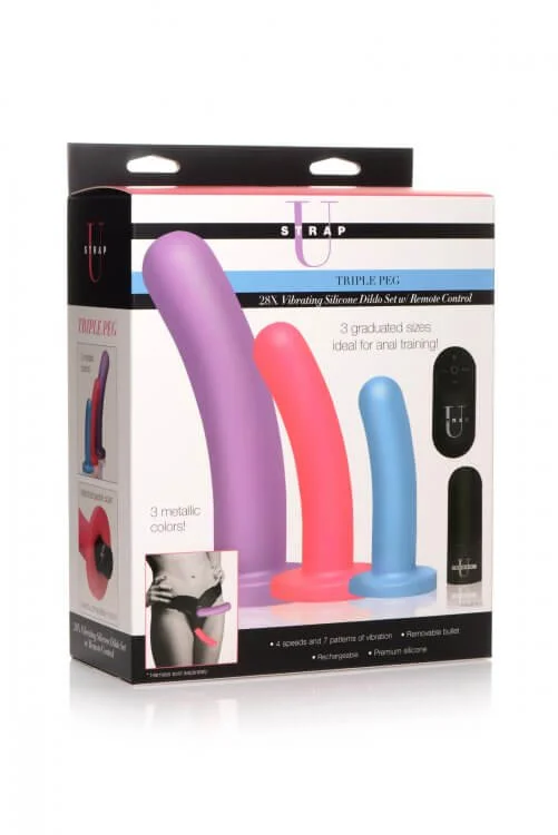 Strap U Triple Peg 28X Dildo Set Silicone with a Remote Control