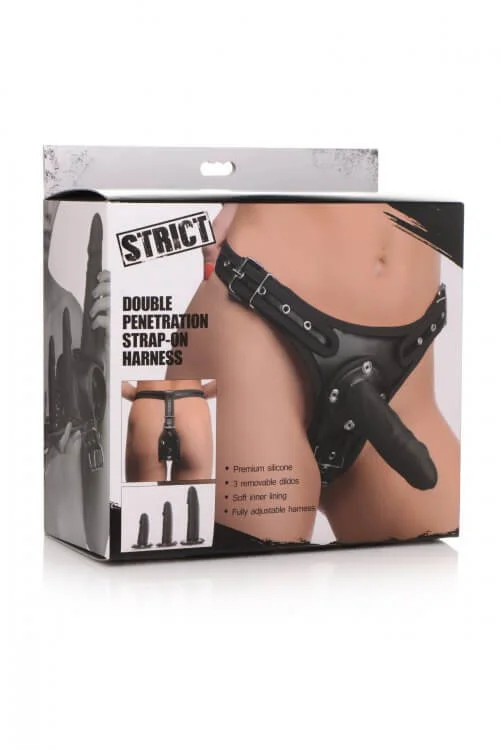 Strict Double Penetration Strap-On Harness with Adjustable PU Leather Harness & 3 Premium Silicone Dildos