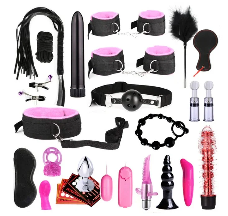 28pcs Pink PCS BDSM Sexy Leather Kits Adults Sex Toy Set for Women Men Handcuffs Nipple Clamps Whip Spanking Sex Metal Anal Plug Vibrator Butt