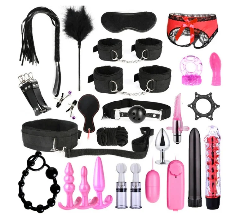 28pcs Super Black PCS BDSM Sexy Leather Kits Adults Sex Toy Set for Women Men Handcuffs Nipple Clamps Whip Spanking Sex Metal Anal Plug Vibrator Butt