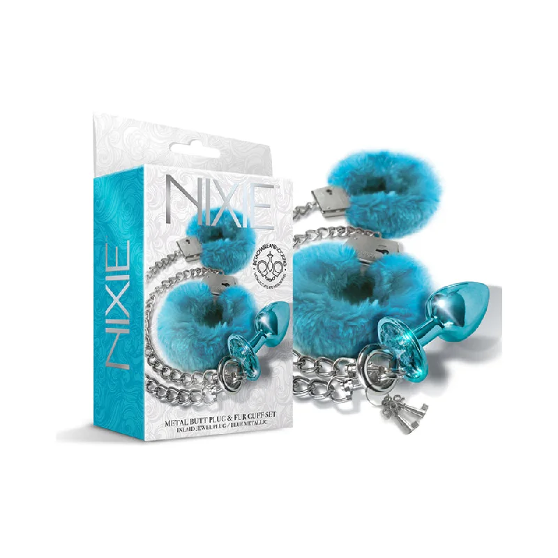 Nixie Metal Butt Plug & Furry Handcuff Set Mediumblue Metallic