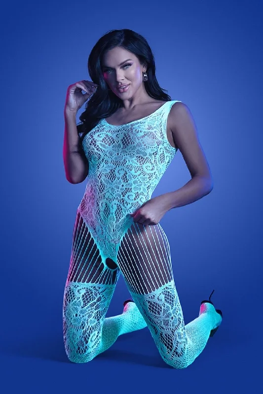 Illuminate Crotchless Teddy Bodystocking - One  Size - White/blue