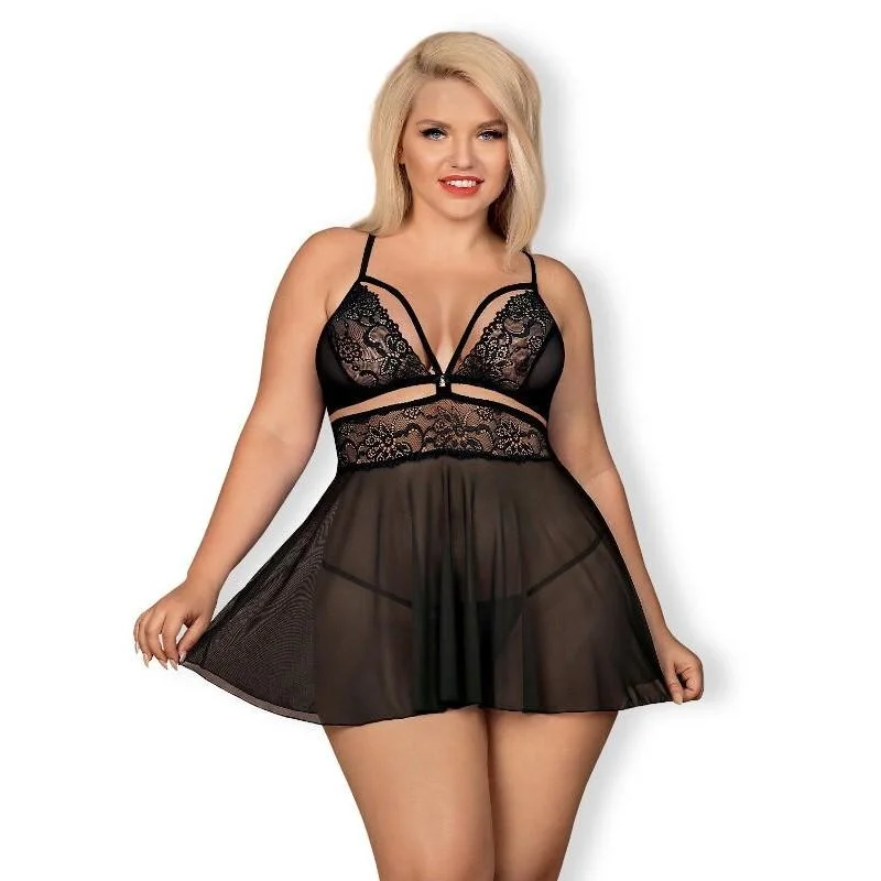 Obsessive 838-BAB-1 Babydoll & String Zwart XXL