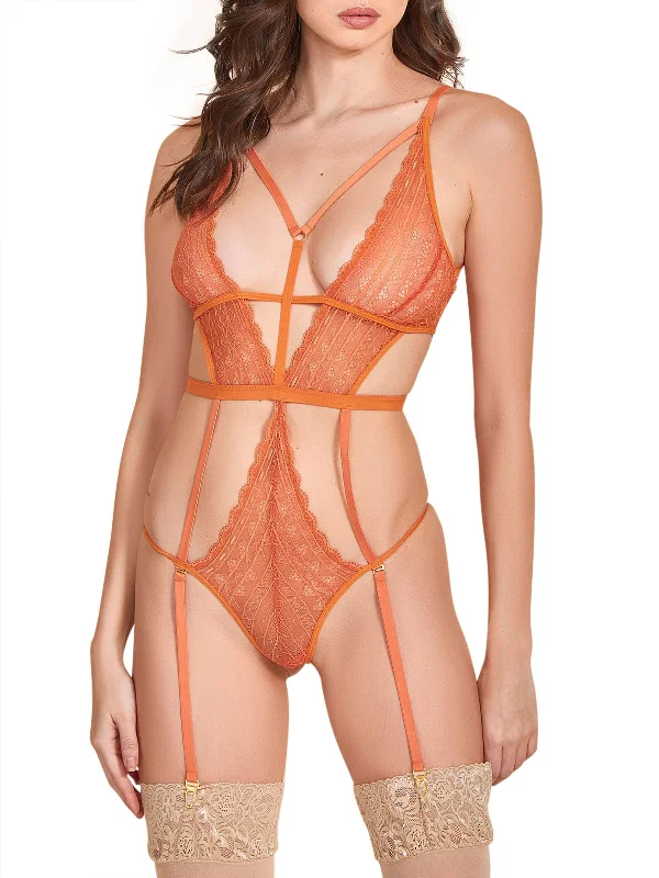 Women's Playing Koi Garter Lace Strappy Plunge Teddy